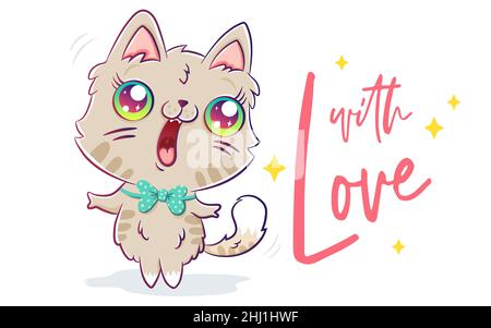 Illustrazione vettoriale di un gatto carino in stile kawaii. Gatto carino con cuori per San Valentino in stile chibi. Illustrazione Vettoriale