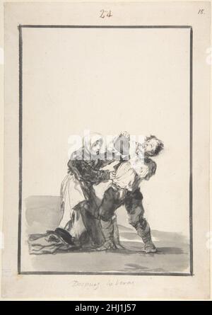 'Vedrete dopo'; un uomo che beve, una donna che cerca di fermarlo; pagina 24 dell'album Black Border (e) ca.1816–20 Goya (Francisco de Goya y Lucientes) il bere spagnolo appare durante tutto il lavoro di Goya, come lubrificante per lo scambio sociale, come metafora per perdere il controllo, e come preludio alla violenza. In questo disegno, una donna afferra un uomo inebriato che, con i piedi saldamente piantati e dietro arcuati, gli spruzza il vino in bocca da una grande pelle. La didascalia complica l'oggetto. Riferendosi ad un momento futuro, allude all’esito del bere incontrollato dell’uomo, ma quale potrebbe essere questo risultato? Il Foto Stock