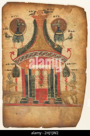 Doppia faccia Gospel Leaf prima metà 14th secolo Etiope la regione Tigray dell'Etiopia si convertì al cristianesimo nel quarto secolo e divenne un alleato molto importante dell'impero bizantino, governato da Costantinopoli (Istanbul), nel controllo delle rotte commerciali verso l'India. Tigray ha anche mantenuto contatti con altre comunità cristiane del Mediterraneo orientale, comprese quelle in Siria e Egitto. Le immagini avvincenti su questa foglia a due lati provengono da un gruppo di Vangeli dei primi del XIV secolo che presentano un revival di motivi che hanno raggiunto l'Etiopia dal Mediterraneo orientale, probab Foto Stock