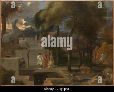 Un paesaggio classico probabilmente 1660s i paesaggi classici rigorosamente strutturati di Sébastien Bourdon Francese Bourdon, come questo, furono modellati su quelli di Nicolas Poussin. In questo paesaggio il pittore cita opere d'arte antiche e contemporanee. La statua di un cavallo a sinistra è una citazione diretta di una delle statue dei Dioscuri in cima al Colle Quirinale di Roma. I ballerini a destra, invece, derivano dal Bacchanal di Poussin (ora nella National Gallery di Londra). Un paesaggio classico. Sébastien Bourdon (francese, Montpellier 1616–1671 Parigi). Probabilmente 1660s. Olio su tela. Foto Stock