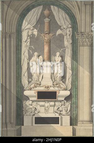 La Tomba Castellana in Saint Germain-des-Prés 1724 (prima) Jean Chafourier Francese disegno di un grande arco incassato sostenuto da colonne corinzie (tre colonne strette a sinistra e due più grandi a destra). Gli scheletri alati trattengono i drappeggi per rivelare drammaticamente una tomba, posta sotto l'arco contro il muro. Sopra il sarcofago è posta una colonna dorica affiancata da due figure femminili: Pietà e fede, ciascuna con un medaglione. Qui sotto si trova una cartouche con trofei militari (romani e siriani) su entrambi i lati. I lavaggi applicati al disegno indicano l'uso di marmi colorati. Il Cast Foto Stock