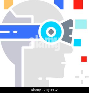 Robot, intelligenza artificiale, vista a 360 gradi, icona linea bianca casco per realtà virtuale. Illustrazione Vettoriale