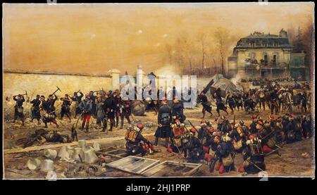 La difesa di Champigny 1879 Edouard DETAILLE francese in questa foto di battaglia, mostrato nel salone del 1879, Détaille raffigura un incidente che aveva osservato il 2 dicembre 1870, durante la guerra franco-prussiana. I soldati del generale Faron sono mostrati fortificare la loro nuova posizione nella città di Champigny-sur-Marne, vicino a Parigi, e rompere le aperture nel muro per i cannoni. Il generale Faron si trova a sinistra, parlando con un vecchio giardiniere. L'artista dipinse una replica dell'immagine nel 1879 (collezione privata) e tornò al soggetto per un panorama enorme della battaglia (ora distrutta) con cui eseguì Foto Stock
