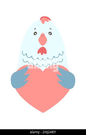 Carino uccello di pollo del gallo del cartone animato tiene un segno del cuore con lo spazio della copia. Imposta il giorno del San Valentino biglietto di auguri opuscolo dell'invito del banner. Stile disegnato a mano del cartone animato. Piccoli animali in amore, dichiarazione d'amore. Illustrazione Vettoriale