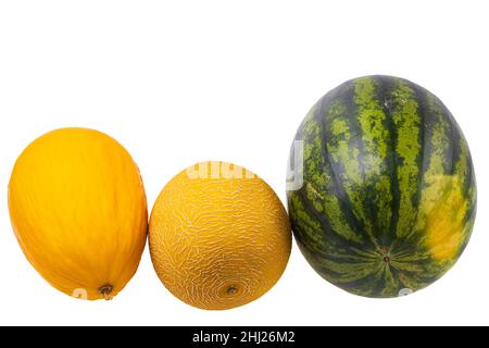 Vista ravvicinata del cocomero e di diverse varietà di meloni isolati su sfondo bianco. Concetto di cibo sano. Svezia. Foto Stock