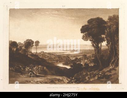 Giunzione di Severn e Wye (Liber Studiorum, parte VI, targa 28) Giugno 1811 Joseph Mallord William Turner British Turner distillò le sue idee sul paesaggio in 'Liber Studiorum' (latino per il Libro degli Studi), una serie di settanta stampe più un frontespizio pubblicato tra il 1807 e il 1819. Per stabilire le composizioni, ha realizzato disegni acquerelli marroni, poi inciso contorni su lastre di rame. Questo è uno dei pochi casi in cui Turner ha sviluppato anche il tono, utilizzando acquatint e mezzotint per descrivere un basso sole che illumina la confluenza di due grandi fiumi. Che segna il confine tra Inghilterra e Wal Foto Stock