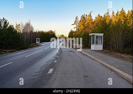 strada dritta attraverso la foresta con due fermate di autobus Foto Stock