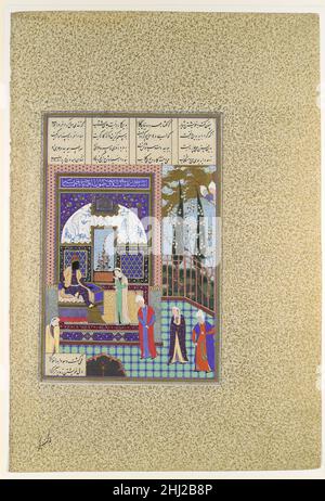 'Siyavush è accusato da Sudaba prima di Kai Kavus', Folio 163v dal Shahnama (Libro dei Re) di Shah Tahmasp ca. 1530–35 Abu'l Qasim Firdausi Kai Kavus sposa una seconda moglie, una principessa turaniana, che partorisce un figlio, Siyavush. Poiché il ragazzo ha un oroscopo malominato, Kai Kavus lo manda ad essere allevato da Rustam in Zabulistan, ma quando viene di età, ritorna alla corte del padre. Subito dopo la madre muore, e Kai Kavus raccomanda a Siyavush di cercare conforto con la sua prima moglie, Sudaba. Lei si innamora di Siyavush e quando gli spurns i suoi progressi, lei afferma che lui tr Foto Stock