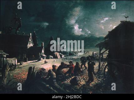 Buccia di mais ca. 1863–64 David Gilmour Blythe Blythe, che viveva a Pittsburgh, Pennsylvania, dipinse satires, principalmente di mali urbani, ma in 'Corning Husting', dipinse la loro controparte rurale. L'opera raffigura un'improvvisa esplosione di violenza in una notte inquietante e illuminata dalla luna tra un gruppo di ragazzi impegnati nella tassazione e noioso compito di buccia di mais recentemente raccolto. L'azienda è dilapidata e gli attrezzi agricoli sono incautamente sparsi intorno alla proprietà, trasmettendo le dure realtà dell'ambiente. Blythe ha puntualmente fatto la povertà e discordia il punto cruciale di un tema che è associato solitamente con ab Foto Stock