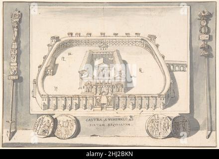 Una ricostruzione di un castello sulla collina Viminale alla porta di Esqualine prima del 1704 Jan Goeree olandese. Una ricostruzione di un castello sulla collina Viminale alla porta di Esqualine 336149 Foto Stock