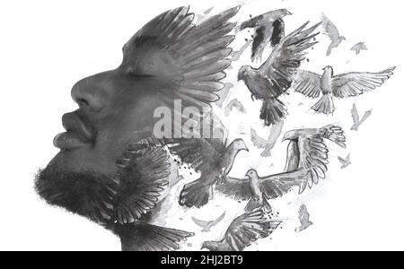Pittura. Ritratto di profilo di un uomo combinato con un dipinto di uccelli. Foto Stock