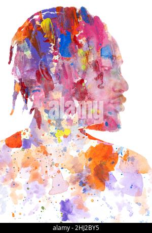 Un ritratto di un uomo combinato con vari tratti di inchiostro. Pittura. Foto Stock