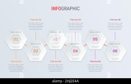 Modello infografico astratto a nido d'ape con 6 opzioni. Diagramma rosso, timeline e pianificazione isolati su sfondo chiaro. Illustrazione Vettoriale