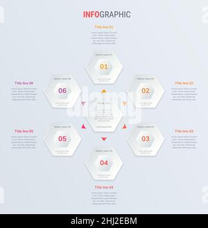 Modello infografico astratto a nido d'ape con 6 opzioni. Diagramma rosso, timeline e pianificazione isolati su sfondo chiaro. Illustrazione Vettoriale