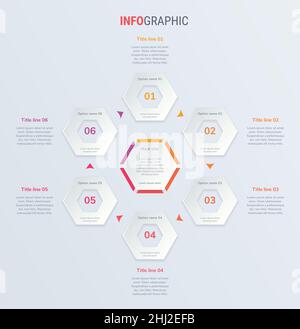 Modello di progettazione della timeline per infografica vettoriale rossa con elementi a nido d'ape. Contenuto, pianificazione, timeline, diagramma, flusso di lavoro, business, infografica, flowc Illustrazione Vettoriale