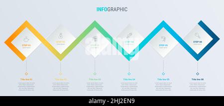 Vettore del disegno infografico della timeline. 6 opzioni, layout del flusso di lavoro quadrato. Modello di timeline infografica vettoriale. Illustrazione Vettoriale