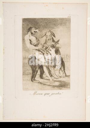 Targa 63 da 'Los Caprichos': Guarda quanto sono solenni! (MIREN que grabes!) 1799 Goya (Francisco de Goya y Lucientes) Spagnolo. Targa 63 da 'Los Caprichos': Guarda quanto sono solenni! (MIREN que grabes!) 380703 Artist: Goya (Francisco de Goya y Lucientes), Spanish, Fuendetodos 1746?1828 Bordeaux, Plate 63 from 'Los Caprichos': Guardate quanto sono solenni! (MIREN que grabes!), 1799, acquaforte, acquatinta e punto secco, piastra: 8 5/16 x 6 5/16 poll. (21,1 x 16,1 cm) foglio: 11 5/8 x 8 1/4 pollici (29,5 x 21 cm). Il Metropolitan Museum of Art, New York. Dono di M. Knoedler & Co., 1918 (18,64(63)) Foto Stock