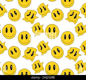 Disegno del volto smiley in fusione giallo senza cuciture distorto per tessuti, carta da parati o carta da imballaggio. Illustrazione vettoriale Illustrazione Vettoriale