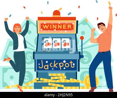 Persone che vincano su macchina da gioco. Jackpot che festeggia con la moneta d'oro che cade Illustrazione Vettoriale