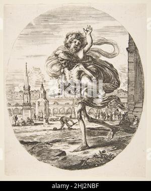 Morte che porta un bambino, da 'i cinque morti' (Les cinq Morts) ca. 1648 Stefano della Bella italiano Stefano della Bella è stato uno dei più talentuosi e prolifici tipasti del XVII secolo. A differenza della maggior parte degli etchers del suo tempo, che avevano carriere come pittori, della Bella si dedicò quasi esclusivamente alla stampa, anche se è molto apprezzato per i disegni spiritati che fece in preparazione delle sue stampe. Nonostante il loro grado più elevato di finitura, le sue incisioni conservano gran parte della fluidità e del dinamismo dei suoi disegni. Nel corso della sua carriera, sperimentò la duplicazione della tona Foto Stock