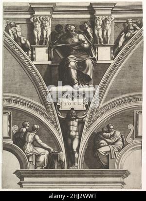 Il Profeta Joel; dalla serie di Profeti e Sibille nella Cappella Sistina 1570–75 Giorgio Ghisi italiano come spiegato da Boorsch (a Boorsch, Lewis e Lewis 1985, pag. 164) le date del 1540 e 1549 incise su alcune delle lastre della serie sono false. Le targhette dovrebbero piuttosto essere datate all'inizio del 1570s. Il profeta Gioele; dalla serie di Profeti e Sibille nella Cappella Sistina 367697 Foto Stock