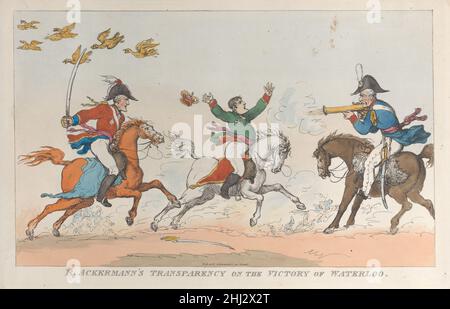 La trasparenza di R. Ackermann sulla Vittoria di Waterloo 1 giugno 1815 Thomas Rowlandson Napoleone, a cavallo, si trova di fronte a Blücher, a destra, che gli spara un blunderbuss. Egli è anche perseguito da Wellington, a sinistra, che si allatta verso di lui, sciabola in mano. La corona di Napoleone cade dal capo, i suoi piedi sono caduti dalle staffe, e flagelli le braccia verso Blücher. La trasparenza di R. Ackermann sulla Vittoria di Waterloo. Thomas Rowlandson (British, Londra 1757–1827 Londra). Giugno 1, 1815. Incisione colorata a mano. Rudolph Ackermann, Londra (attivo dal 1794 al 1829). Stampa Foto Stock