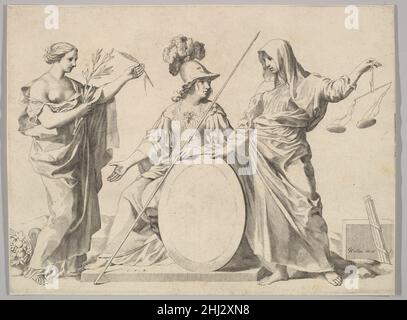 Minerva affiancata da Pace e Giustizia (Armoiries de Gallard et de Mesmes) Claude Mellan francese. Minerva affiancata da Pace e Giustizia (Armoiries de Gallard et de Mesmes) 393413 Foto Stock