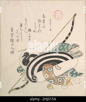 “Bow, Arrows, Target, and other outfit for Archery,” della serie ISE Calendars for the Asakusa Group (Asakusa-gawa ISE goyomi) della Spring Rain Collection (Harusame shū), vol. 2 ca. 1814 Kubo Shunman Japanese Surimono sono stampe di blocco di legno pubblicate privatamente, solitamente commissionate da poeti individuali o gruppi di poesie come forma di biglietto di auguri di Capodanno. Le poesie, più comunemente kyōka (verse spiritoso trentuno-sillabe), inscritte sulle stampe di solito includono immagini felicemente connesse con la primavera, che nel calendario lunare inizia il primo giorno del primo mese. Temi del surim Foto Stock