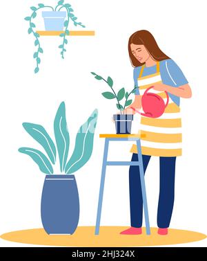 Giovane donna innaffiare piante in pentole. Giardinaggio urbano Illustrazione Vettoriale