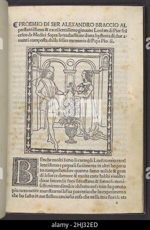 Storia di due amanti (tale di due amanti) ca. 1495–1500 Enea Silvio Piccolomini Enea Silvio Piccolomini, che divenne Papa Pio II (r. 1458–64), scrisse questa storia di adulterio nel 1444 prima di prendere ordini santi (l'originale era scritto in latino). Forse si è basato su un vero incidente avvenuto a Siena. La narrazione circolò ampiamente sia nel manoscritto che poi in numerose edizioni pubblicate dopo la morte del papa. Il tono tragico e piuttosto cinico del testo latino si illumina con un lieto fine nella versione italiana, culminando in uno splendido matrimonio e in una grande famiglia. Questo Foto Stock