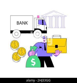 Illustrazione vettoriale del concetto astratto Cash-in-Transit. valori del?ash in transito, trasferimento di banconote, rifornimento di casse atm, guardie di sicurezza con furgone, pieno di denaro, caricamento metafora astratta. Illustrazione Vettoriale