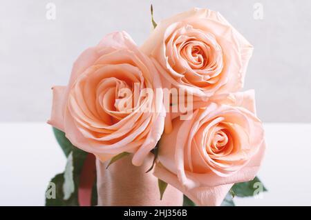 Mano dell'uomo che tiene un bouquet di belle rose rosa su uno sfondo chiaro. San Valentino, festa della mamma, concetto di buon compleanno. Regalo romantico Foto Stock