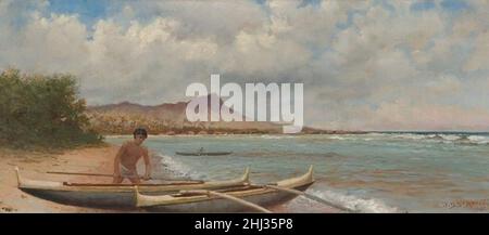 L'olio di Joseph Dwight strong su tela dipinto 'Hawaiian Fisherman near Diamond Head', 1895, 10 x 22 poll. Foto Stock
