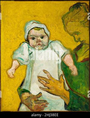 Madame Roulin e il suo bambino 1888 Vincent van Gogh olandese questo ritratto vigorosamente dipinto di Augustine Roulin e della sua figlia infantile, Marcelle, è uno dei molti suggestivi rendering di Van Gogh della famiglia Roulin, intrapresa circa sei mesi dopo la delocalizzazione dell'artista da Parigi ad Arles. Van Gogh dipinse l'intera famiglia del postino locale Joseph Roulin. Qui, il bambino chubbycheeked è il fuoco dell'impresa. La sua espressione accentuata in pennellate ispessentemente dipinte suggerisce che il bambino potrebbe essersi posato per van Gogh, inghiottito nell’abbraccio della madre. Augustine Roulin, al contrario, è un A. Foto Stock