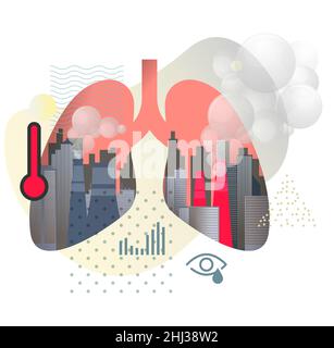 Inquinamento urbano - effetto di particolato PM 10 e 2,5 inquinamento sui polmoni umani - icona come file EPS 10 Illustrazione Vettoriale