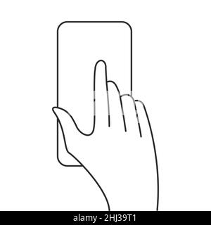 Mano con il telefono, indice dello smartphone. Icona piatta con un solo tocco, gesti con le mani e con il tocco, interfaccia mobile. Illustrazione vettoriale a linea piatta isolata su w Illustrazione Vettoriale