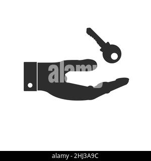Mano con un'icona di silhouette chiave. Ottenere le chiavi per l'appartamento, l'emissione di un mutuo, l'acquisto di un'auto. Illustrazione vettoriale piatta isolata su fondo bianco Illustrazione Vettoriale