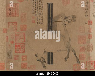 Bianco notte-splendente ca. 750 Han Gan Chinese un pittore di cavalli di spicco della dinastia Tang, Han Gan era noto per aver catturato non solo la somiglianza di un cavallo ma anche il suo spirito. Questo dipinto, l'opera più famosa attribuita all'artista, è un ritratto di un caricatore dell'imperatore Xuanzong (r. 712–56). Con il suo occhio ardente, le narici volanti e gli zoccoli da ballo, il cavallo temprato incarna i miti cinesi circa 'stufi celesti' dell'Asia centrale che 'hanno infestato il sangue' ed erano in realtà draghi in travestimento. I sigilli e le iscrizioni aggiunte al dipinto e ai suoi confini da parte di successivi proprietari e apprezzati Foto Stock