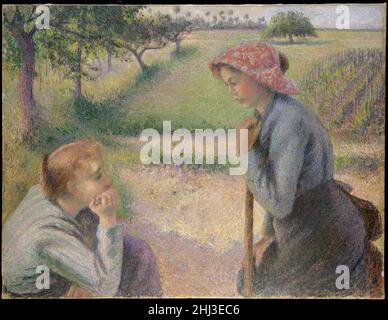 Due giovani donne contadine 1891–92 Camille Pissarro Francese in virtù delle loro dimensioni, collocamento e dignità tranquilla, questi giovani lavoratori dominano il paesaggio – un campo aperto vicino alla casa di Pissarro a Éragny. In sintonia con gli ideali anarchici, l'artista voleva preservare i valori della società agraria minacciati dalla rapida industrializzazione della Francia. Ha iniziato questa foto nell'estate 1891 e la ha completata a metà gennaio 1892, un mese prima dell'apertura di una grande mostra del suo lavoro organizzato dal suo commerciante Joseph Durand-Ruel. Molti dei cinquanta dipinti sono stati venduti da t Foto Stock