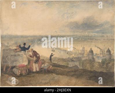 Vista di Londra da Greenwich 1825 Joseph Mallord William Turner British Turner qui offre un panorama della Grande Londra visto da Greenwich Park, guardando verso il basso verso l'Ospedale Navale progettato da Sir Christopher Wren, il fiume Tamigi, e la città lontana. Il primo piano è disseminato di mappe e globi, con una donna che sostiene due piani per un pensionato navale con occhiali e stampelle da ispezionare, un riferimento al passato dell'Inghilterra. Leggermente dietro, un uomo vestito con un cappello alla moda alto e guanti gialli solleva le mani per celebrare il presente in espansione. Infine, una terza figura pelliccia Foto Stock