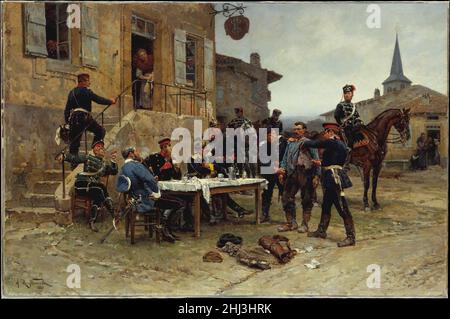 Il dispaccio-portatore 1880 Alphonse-Marie-Adolphe de Neuville Francese il dispaccio-portatore è stato esposto al Salone del 1881. Come de Neuville ha spiegato nel catalogo della mostra, questo dipinto raffigura un incidente della guerra franco-prussiana, 1870–71. Un soldato francese, travestito da contadino, è stato catturato durante un tentativo di passare attraverso le linee tedesche che circondano la città francese di Metz. Sapeva che quando gli ufficiali tedeschi finivano la ricerca e l'interrogazione sarebbe stato fucilato. Metz capitolò dopo un assedio di cinquantaquattro giorni, e dopo la guerra la città fu ceduta ai tedeschi. Il p. Attuale Foto Stock