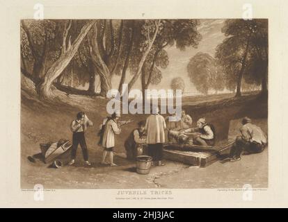 Novello Tricks (Liber Studiorum, parte V, piatto 22) 1 gennaio 1811 progettato e inciso da Joseph Mallord William Turner British Turner distillò le sue idee sul paesaggio in 'Liber Studiorum' (latino per il Libro degli Studi), una serie di settanta stampe più un frontespizio pubblicato tra il 1807 e il 1819. Per stabilire le composizioni, ha realizzato disegni acquerelli marroni, poi inciso contorni su lastre di rame. Gli incisori professionisti solitamente svilupparono il tono sotto la direzione di Turner, e dicono qui aggiunto mezzotinta per descrivere gli apprendisti raccolti intorno ad un canale d'acqua in un parco, con case viste thr Foto Stock