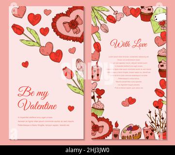 Biglietto d'auguri verticale per due lati per San Valentino con elementi disegnati a mano. Illustrazione vettoriale Illustrazione Vettoriale