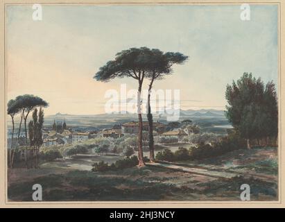 Frascati, vicino a Roma 1819 William Cowen British Cowen fece questo acquerello finemente dipinto quando aveva ventidue anni e dimostra la nuova visione che gli artisti britannici portarono nel paesaggio quando tornarono in Continente dopo le guerre napoleoniche. Frascati, dodici miglia a sud-est di Roma, offrì una prospettiva delle colline Albane incorniciate da Villa Lancellotti a destra, e la cattedrale di San Pietro Apostolo a sinistra. Le lunghe ombre fuse da due pini ombrello indicano un sole che sorge a sinistra. I viaggi di Cowen sono stati sovvenzionati da Charles William Wentworth, Third Earl Fitzwilliam, e altri disegni di fro Foto Stock