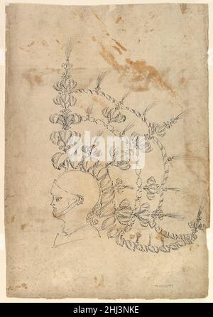 Design per un casco Armor con headdress torneo ca. 1620–56 possibilmente di Baccio del Bianco Vista laterale italiana di un progetto per un casco da braccio con visiera aperta (rivolto a sinistra). Il disegno del casco stesso è raelativamente semplice, ma è stato decorato con un elaborato arco, quasi a forma di s-headdress, composto da plume di piume, fiori e arching bretelle decorate con nastri. Design per un casco da armatura con headdress torneo 410319 Foto Stock