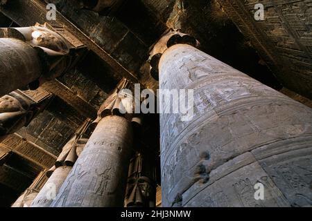 Colonne all'interno del tempio di Hathor, Dendara, Egitto Foto Stock