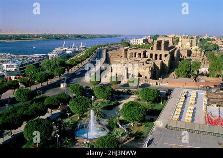 Panoramica del Tempio di Luxor e del Nilo, Luxor, Egitto Foto Stock
