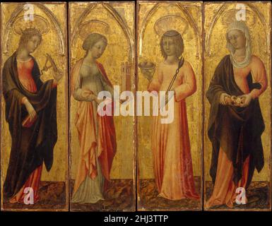 Santi Caterina d'Alessandria, Barbara, Agatha e Margaret ca. 1470 Giovanni di Paolo (Giovanni di Paolo di Grazia) italiano insieme ad altre due santi femminili, questi pannelli erano originariamente impilati in due gruppi di tre, uno sopra l'altro, per formare i moli che fiancheggiano i pannelli principali di una pala d'altare. A tale data, l'opera di Giovanni di Paolo deve aver cominciato a sembrare al di fuori del naturalismo dello stile rinascimentale. Per ulteriori informazioni su questi quattro dipinti, compresi gli altri pannelli della pala d'altare, visitare metmuseum.org.. Santi Caterina d'Alessandria, Barbara, Agatha e Marga Foto Stock