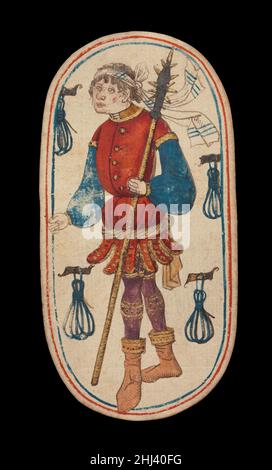 Il cavaliere delle Tetere, dalle carte da gioco dei Chiostri ca. 1475–80 South Netherlandish il set Cloisters di cinquantadue carte costituisce l'unico mazzo completo conosciuto di carte da gioco ordinarie illuminate (al contrario delle carte tarocchi) del XV secolo. Ci sono quattro tute, ciascuna composta da un re, una regina, un cavaliere e dieci carte pip. I simboli del vestito, basati sull'attrezzatura associata alla caccia, sono corna da caccia, collari di cane, tether di cane e nooses di gioco. Il valore delle carte pip è indicato da opportune ripetizioni del simbolo del seme. Le cifre, che sembrano essere basate su Franco-F. Foto Stock