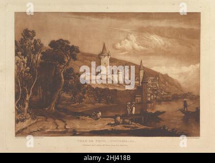 Ville de Thun, Svizzera (Liber Studiorum, parte XII, targa 59) 1 gennaio 1816 progettato e inciso da Joseph Mallord William Turner British Turner distillò le sue idee sul paesaggio in 'Liber Studiorum' (latino per il Libro degli Studi), una serie di settanta stampe più un frontespizio pubblicato tra il 1807 e il 1819. Per stabilire le composizioni, ha realizzato disegni acquerelli marroni, poi inciso contorni su lastre di rame. Gli incisori professionali solitamente svilupparono il tono sotto la direzione di Turner, e Hodgetts qui aggiunse mezzotint per descrivere una tranquilla cittadina sul lago svizzera distinta da torere Foto Stock